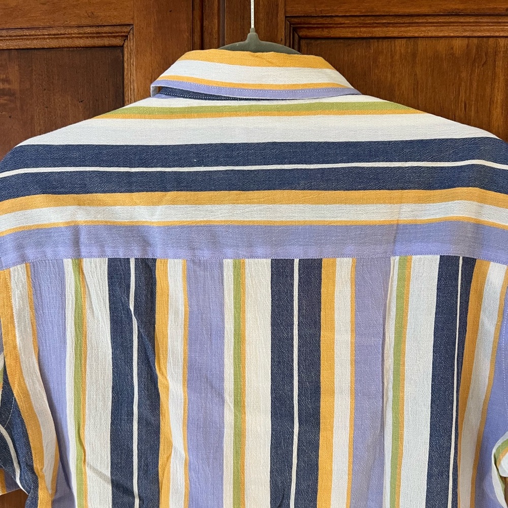 Zara short-sleeve button-down | blue, yellow, & white Stripes | Sz M | Like New - Picture 3 of 9